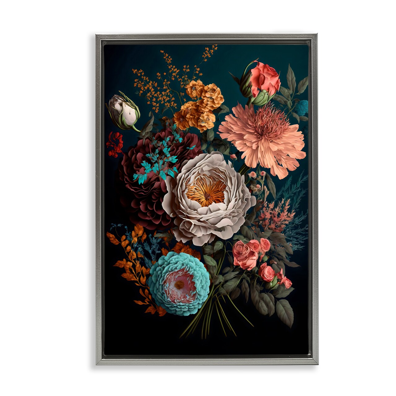 Stupell Industries Realistic Colorful Floral on Black Black Framed Floater Canvas Wall Art, design by Creative Studio